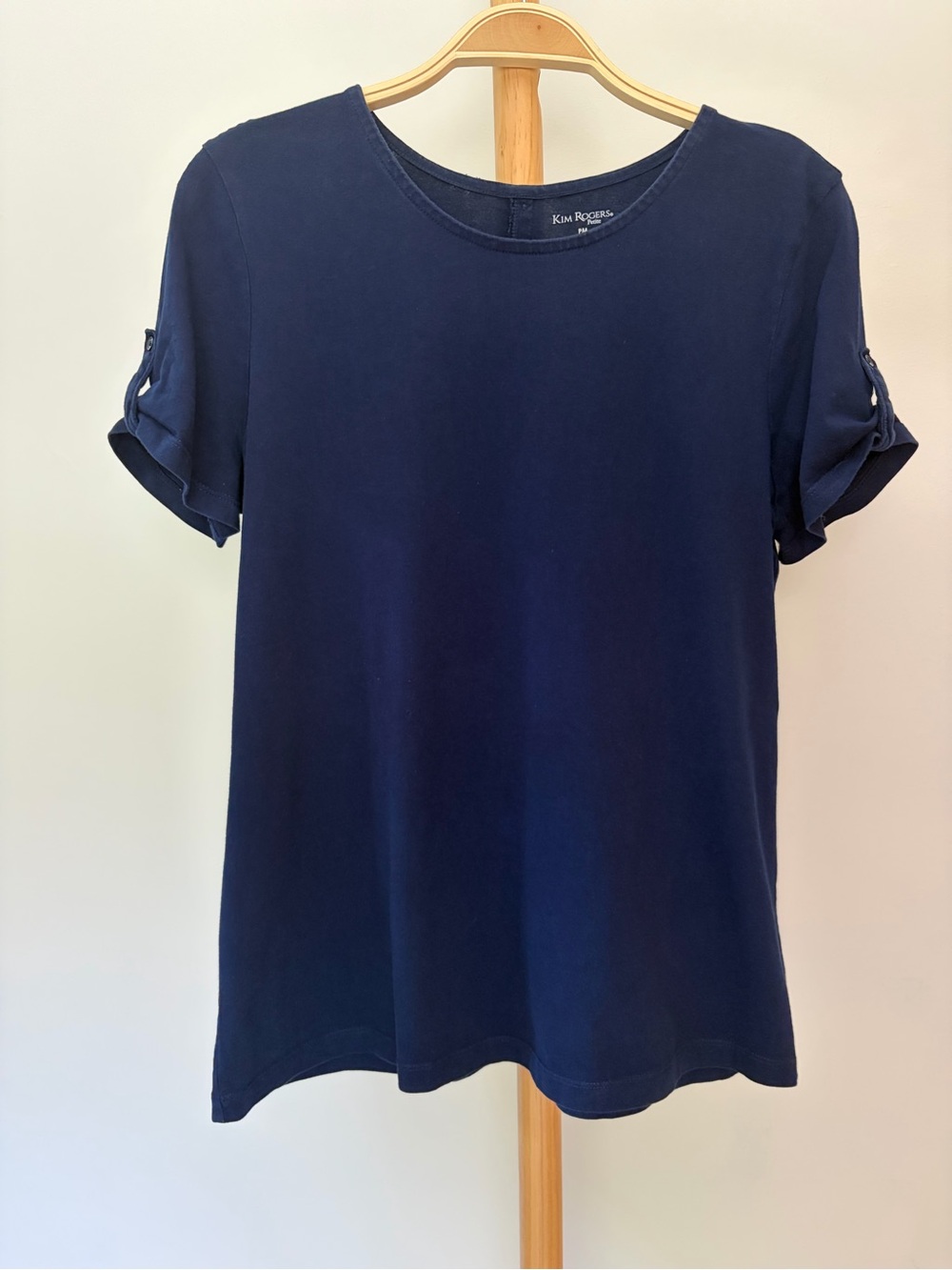 Kim Rogers Navy Short Sleeve Roll-Tab Tee Shirt Size Med Petite